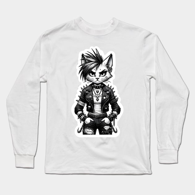 Black and White Punk Cat Long Sleeve T-Shirt by OddHouse